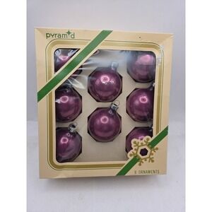 Vtg Glass PURPLE Ball Christmas Tree Ornaments 2.25in Lot 8 Box Small Pyramid